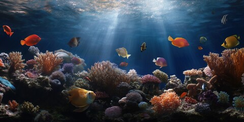 Obraz premium Vibrant coral reef teeming with various colorful fish under sparkling sunlight, illustrating marine biodiversity.