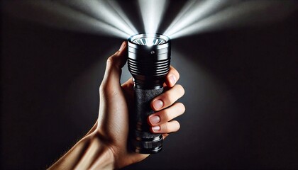 Hand holding led flashlight with wide white beam on black background
