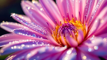 Fototapeta premium Close-up of a pink flower with water droplets, showcasing vibrant petals and intricate details. A burst of color and natural beauty. 