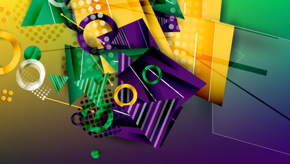 Abstract background - overlapping circles, rectangles, and triangles with vibrant gradients. Semi-transparent shapes create depth and balance