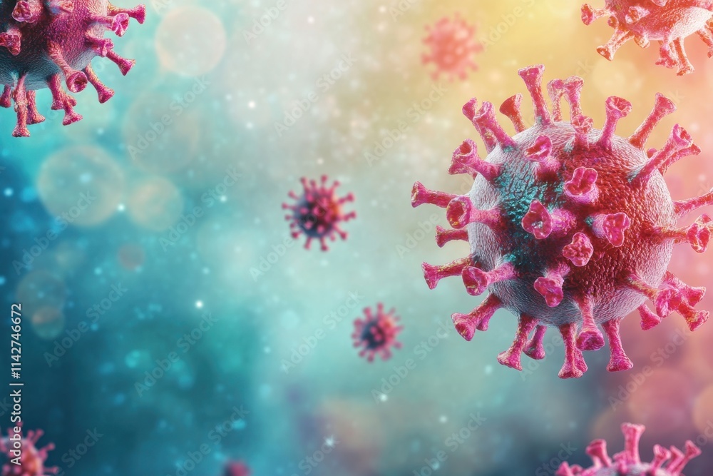 Poster virus particles floating in a colorful abstract background showcasing microscopic details