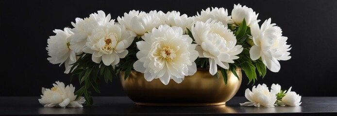Exquisite white peonies in gold vase on black surface, curated, designer, upscale