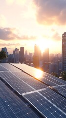 Urban Sunset: Solar Panels on Rooftop with City Skyline
