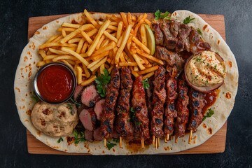 Savory feast of grilled meats and fries served on a flatbread platter