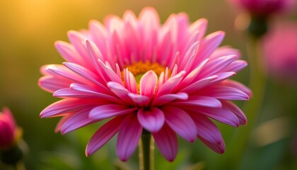 Close-up of a vibrant pink flower in soft sunlight.  Petals are delicately arranged, showcasing nature's beauty.