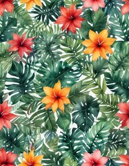 Fresh and lively watercolor tropical leaves and colorful flowers seamless print, tropical, watercolor