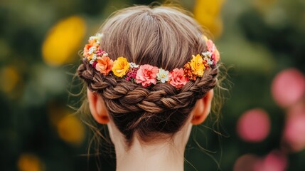 Naklejka premium A beautifully braided hairstyle adorned with colorful flowers, perfect for a floral-themed event or a springtime celebration.