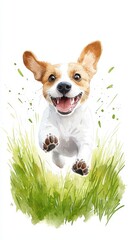 Vibrant Watercolor Painting of a Joyful Dog Running Playfully Through Lush Green Grass Under a Bright Blue Sky Evoking Happiness and Freedom in Nature