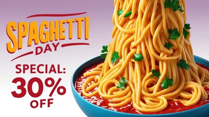 Spaghetti day celebration restaurant promotional offer culinary close-up discount on delicious pasta