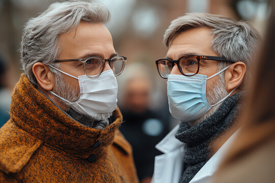 Two individuals in masks conversing outdoors, showcasing health precautions in public spaces.