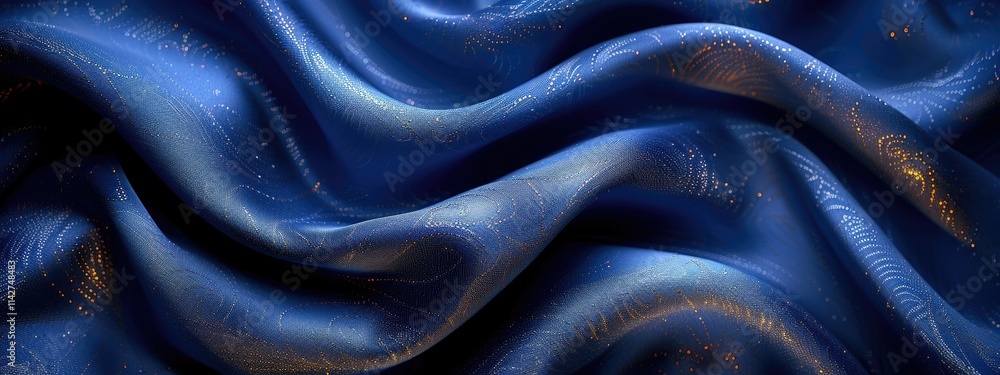 Poster a close-up view of luxurious blue fabric with intricate patterns and textures.