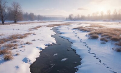 Frozen river winding through a snowy meadow with deer tracks in the fresh powder, wildlife, fresh powder, snow, meadow