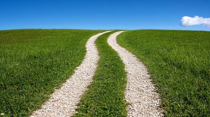 Obraz premium The Winding Path: A gravel road winds its way through a lush green field, promising adventure and new horizons. The sky above is a vibrant blue, dotted with a single white cloud.
