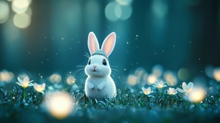A charming white rabbit surrounded by soft flowers in a magical forest, illuminated by gentle twinkling lights.