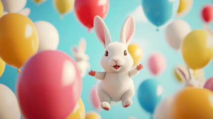 Obraz premium A cheerful bunny surrounded by colorful balloons, depicting a playful and festive atmosphere perfect for children's themes.