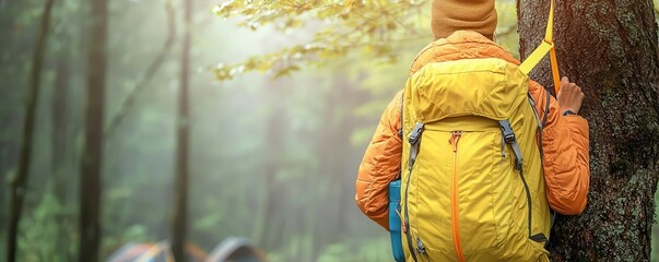 A backpacker hanging their gear on a tree using a lightweight gear strap, a practical hack for organizing a campsite