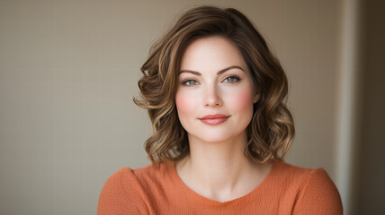 Fototapeta premium classic beauty shot of woman with radiant skin and soft curls, wearing orange sweater. warm tones create welcoming and serene atmosphere