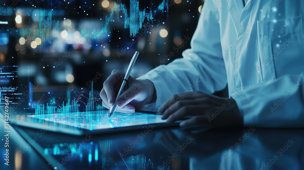 Poster a business person is focused on writing with a stylus on an ipad, surrounded by glowing data visuali