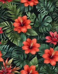 Hand-drawn seamless design with exotic portea flowers and tropical leaves, nature, vibrant