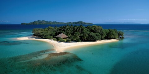 A small tropical island with a hut surrounded by blue waters, evoking tranquility and escape from the mundane.