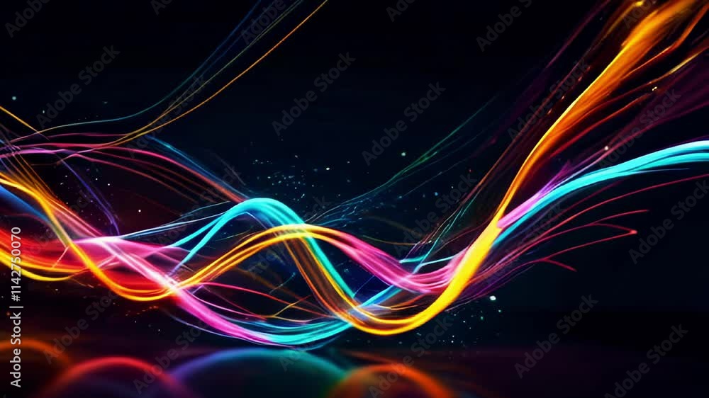 Poster vibrant abstract light trails on dark background creating dynamic motion and energy.