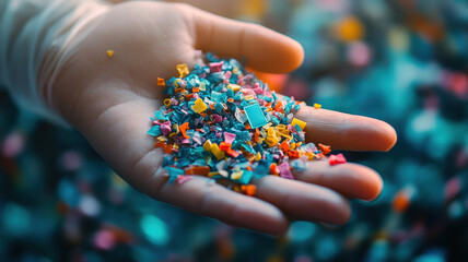 Microplastics collected in scientific study, showcasing colorful fragments in hand. This highlights environmental concerns and pollution awareness