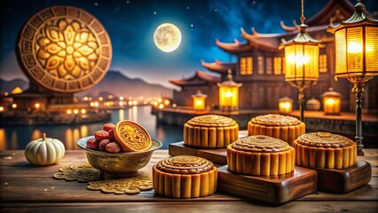 Obraz premium Mid-Autumn Festival Mooncakes, Architectural Photography, Lantern Light, Chinese Festival, Delicious Treats