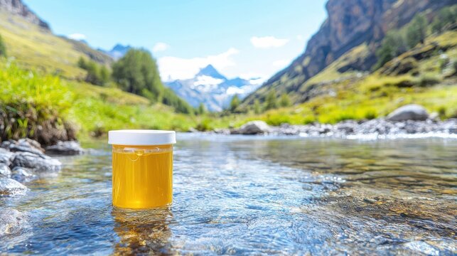 A small, portable water purifier in use at a mountain stream, an essential travel hack for backpacking in remote areas