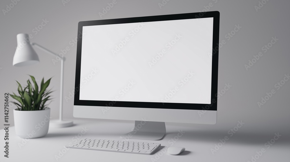 Poster minimalist office workplace with computer monitor mockup. lamp, houseplant and pc with blank screen 