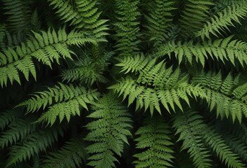 Intricate, multi-layered fern fronds forming a symmetrical pattern, delicate foliage, forest environment, organic structure, greenery