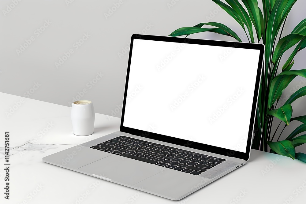 Poster laptop on a wooden table with a view of the mountains. 3d rendering.