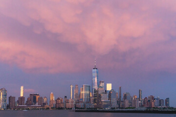 Pink mammatus clouds over Manhattan downtown skyline