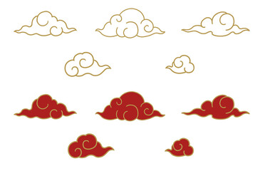 Traditional Chinese Decorative Cloud on Transparent  Background, hand-drawn illustration, red, white gold outline