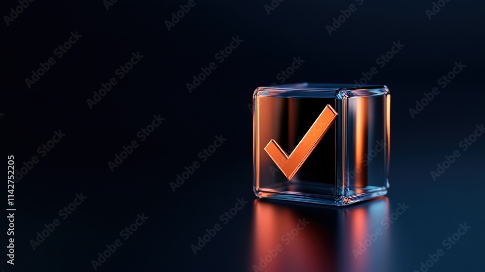 Poster luminous check mark inside a transparent cube with vibrant colors in an abstract digital design