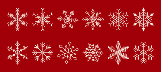 Set white geometric abstract snowflakes on red background. Flat vector illustration. For decoration card, poster, background, pattern.