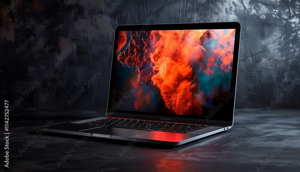 Poster laptop on a wooden table with a view of the mountains. 3d rendering.