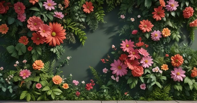 Lush greenery wall with whimsical flower accents, nature, flower accents