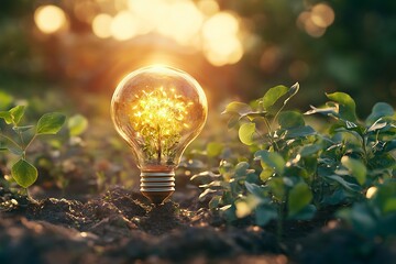 Illuminating Nature: A Glowing Bulb with a Sprout Inside, Nestled in Lush Greenery at Sunset