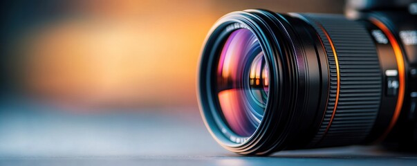 Close-up view of a camera lens showcasing modern photography precision and vibrant background