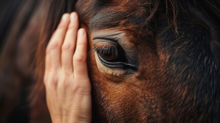 Close-up portrait of a female hand gently stroking the head of a brown horse, showing a moment of connection and care