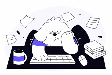 Overwhelmed Cartoon Dog at Desk with Paperwork Chaos