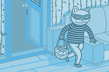 Sneaky Cartoon Cat Burglar Stealing Jewels at Night