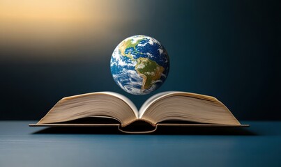 Floating globe above an open book represents the connection between education and global awareness
