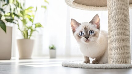 Playful kitten peeking out from modern cat tree in bright room