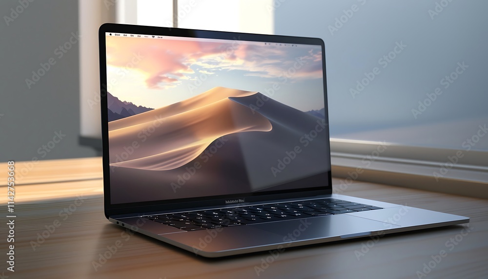 Poster laptop on a wooden table with a view of the mountains. 3d rendering.
