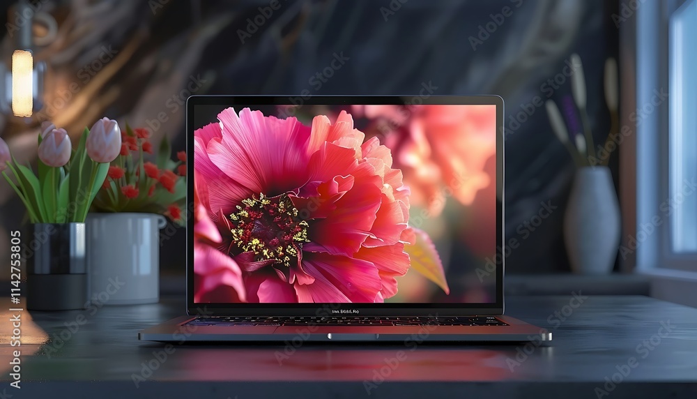 Poster laptop on a wooden table with a view of the mountains. 3d rendering.