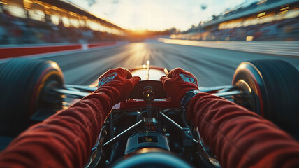 dramatic perspective of race car driver gripping steering wheel, showcasing speed and adrenaline on racetrack during sunset