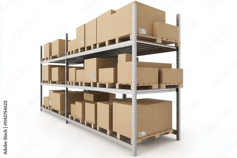 Poster a large stack of boxes on a shelf. the boxes are brown and are piled on top of each other