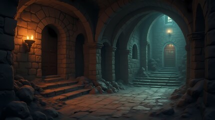 The basement of an old manor, dimly lit by torches
