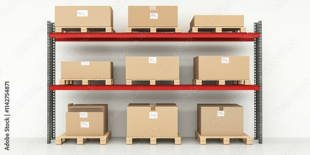 Poster a pallet of boxes is on a shelf. the boxes are labeled with numbers and letters. the boxes are stack